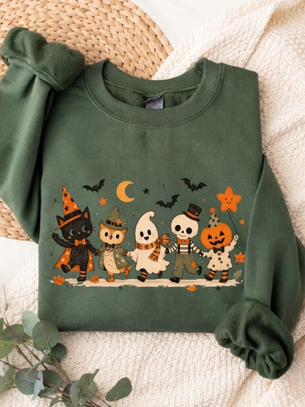 Halloween Spooky Cute Characters Black Cat Owl Ghost Skeleton Pumpkin Sweatshirt